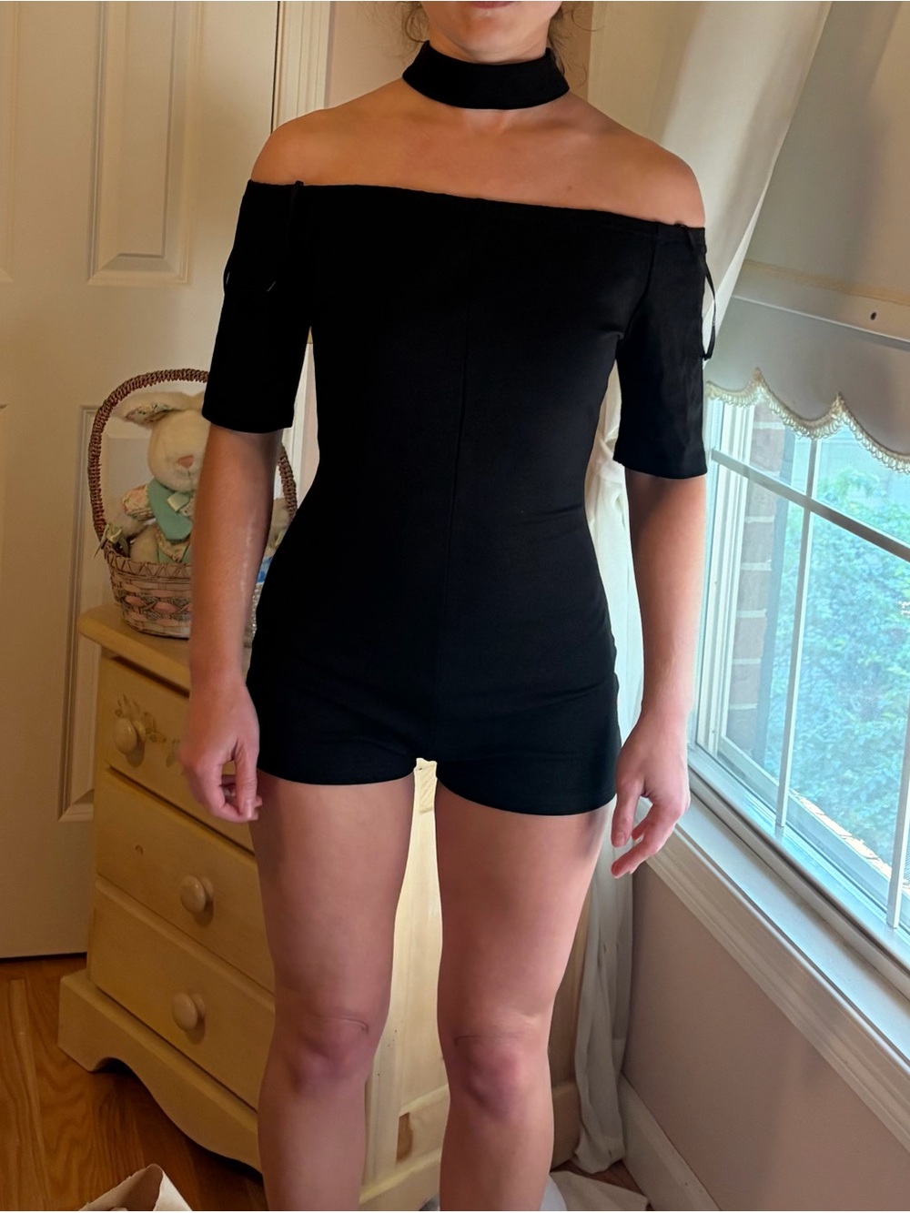 Forever 21 Black Off-Shoulder Romper with Choker Strap